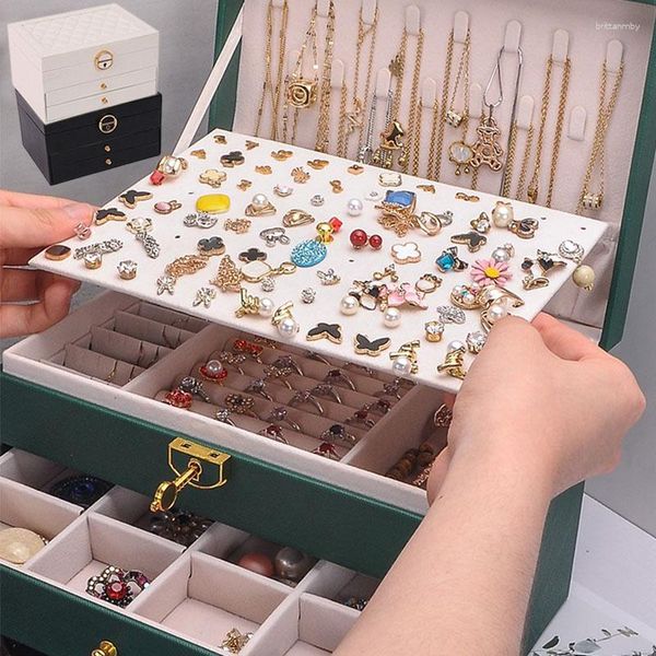 Pochettes à bijoux, grande boîte de rangement, organisateur multicouche pour colliers, boucles d'oreilles, boîtes d'exposition d'emballage de bijoux en cuir