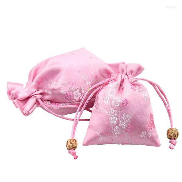 Bolsas de joyería, lo último en bolsa de tela navideña feliz, bolsa de brocado de seda con flor de ciruelo, bolsas de regalo para fiesta de boda con cordón, 4 unids/lote