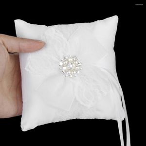 Pochettes à bijoux joli nœud blanc diamante cristal fleur bague de mariage oreiller coussin 15,2 cm