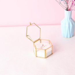 Bolsas de joyería Mini vidrio transparente Caja de anillo de seis lados Almacenamiento Celebración de bodas