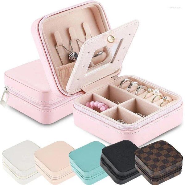 Pochettes à bijoux, Mini mallette de rangement Portable de voyage avec miroir, boîte de rangement en cuir PU pour boucles d'oreilles, bagues et colliers