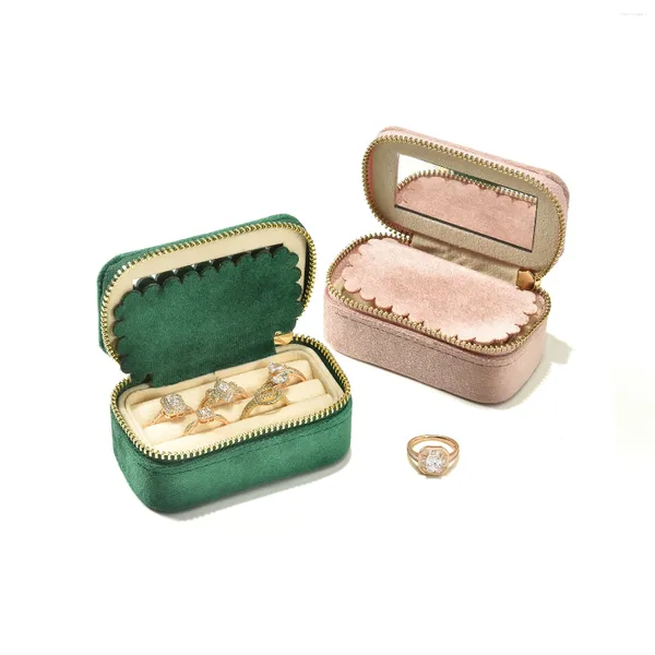 Boîte de joaillerie Mini Boîte en velours avec miroir Boucles de voyage portables Bague Affichage de rangement d'anneau Organisateur haut de gamme Joyero