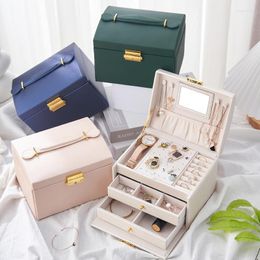 Bolsas de joyería, caja organizadora con espejo, manija de bloqueo para mujeres y niñas, regalo de joyería, pendiente, anillo, collar, caja de almacenamiento de joyas