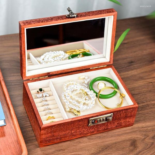 Pochettes à bijoux, boîte en palissandre du Myanmar, rangement en acajou avec serrure, collier, combinaison en bois massif, main