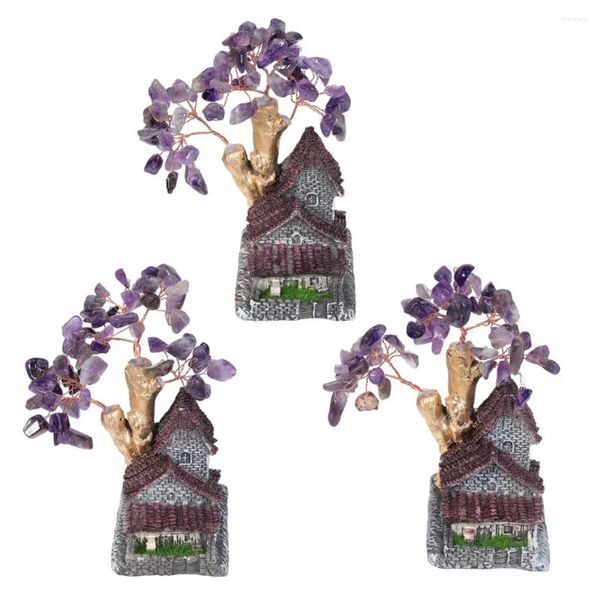 Bolsas de joyería Natural Amatista Cristal Dinero Árbol Resina Casa con simulación Hierba Micro Paisaje Estatuilla para decoración del hogar Adornos