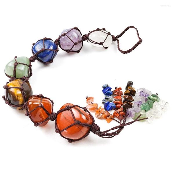 Bijoux Pochettes Cristal Naturel 7 Chakra Agate Jade Irrégulier Tombe Pierre Pendentif De Voiture Suspendu Tissé À La Main En Gros