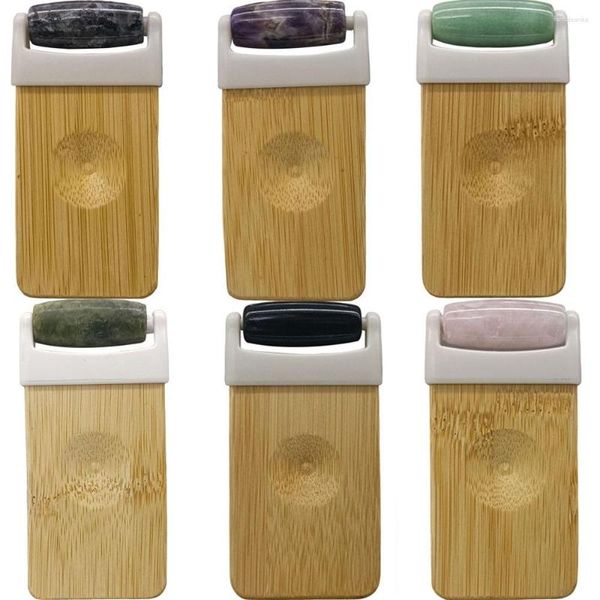 Pochettes à bijoux Cristal naturel Améthyste Rose Quartz Rouleau Bâton de massage Tête unique Manche en bois Jade Beauté Conteneur Masseur facial