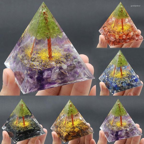 Bolsas de joyería Peridoto natural Cristal Árbol de la vida Pirámide Adorno Resina Pegamento Envuelto Ágata Tumbles Piedra Hogar