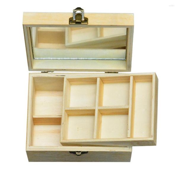 Bolsas de joyería Caja de madera lisa natural Almacenamiento de decoupage de madera con bandeja de espejo