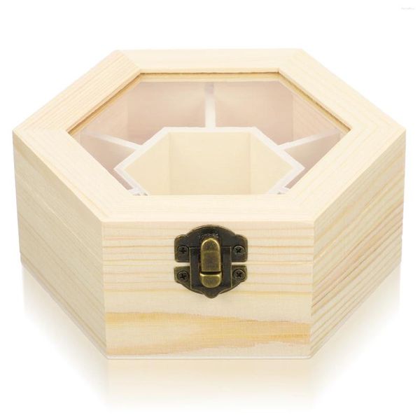 Bolsas de joyería Caja de almacenamiento de artesanías de joyería de madera natural con tapa de vidrio y colección de cofres en forma de hexágono