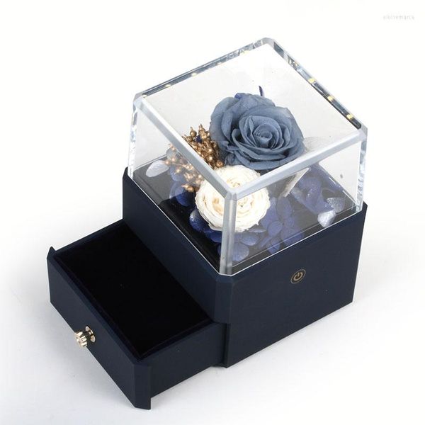 Bolsas de joyería Azul marino Acrílico Plasctic True Rose Luces LED Anillo Colgante Caja de exhibición con cajón Decoración para el Día de San Valentín