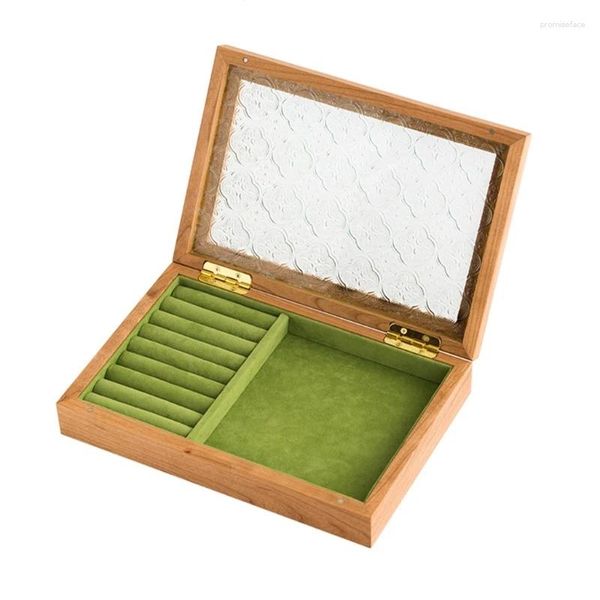 Pochettes à bijoux, boîte de rangement de colliers, adaptée aux dames et filles, présentoir en bois massif, étuis à couvercle rabattable anti-poussière en verre