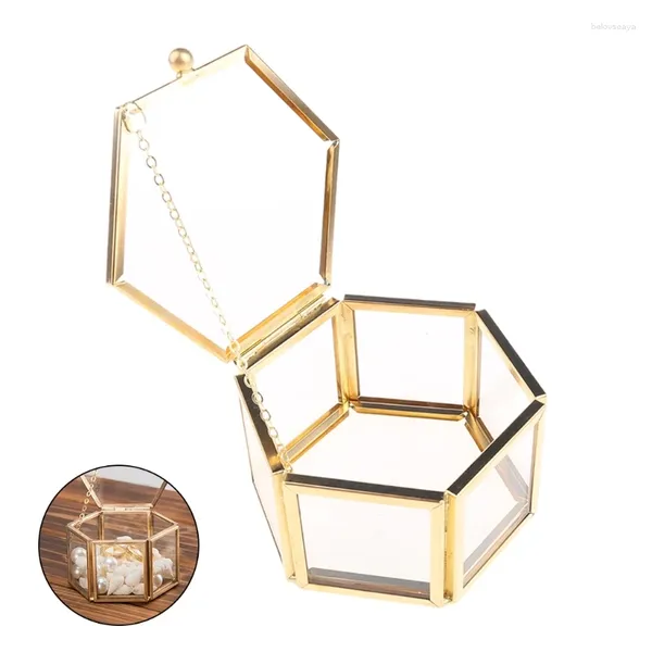 Bolsas de joyería Organizador Titular Mesa Contenedor Hexágono Caja de anillo de vidrio transparente Boda Geométrica Claro