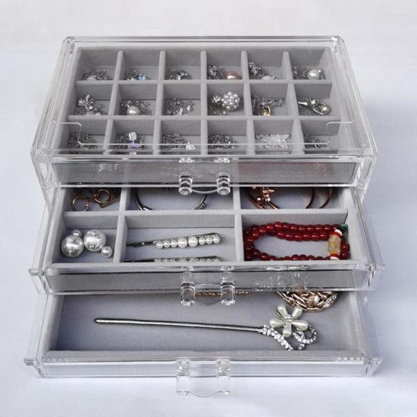 Organisateur de pochettes à bijoux avec 3 tiroirs, support multi-compartiments pour boucles d'oreilles, plateaux réglables, boîte transparente anti-poussière