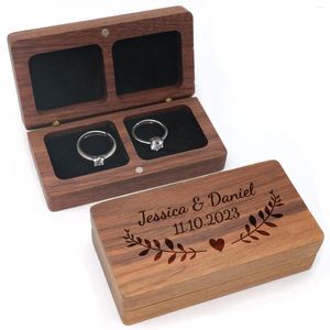 Bolsas de joyería Caja de anillo de boda personalizada Nombres personalizados Anillos grabados con fecha Organizador del portador Propuestas de compromiso Aniversario