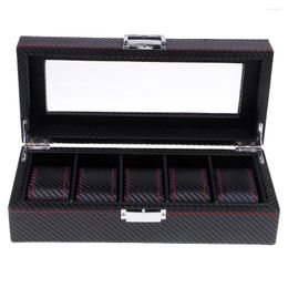 Sieraden zakjes fenovo modieuze doos display koolstofvezel 5 slots horloge case organizer opslagverpakking zwart