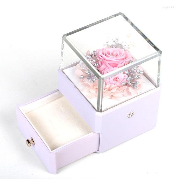Bolsas de joyería Pink Acrylic Plasctic True Rose Decoraciones con anillo de luz LED Pendiente Colgante Caja de regalo para mujer Chica Boda Cumpleaños