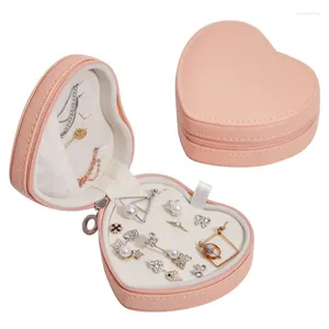 Pochettes à bijoux boîte en forme de cœur rose, Mini étui de voyage portable en cuir PU, organisateur de rangement pour bagues, boucles d'oreilles et colliers avec fermeture éclair