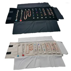 Pochettes à bijoux portables en velours noir/gris, mallette de transport, sac en rouleau, pendentif, collier, boucles d'oreilles, bague, pochette de rangement