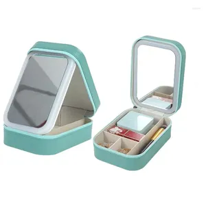 Boîte de bijoux Boîte portable avec miroir de maquillage à LED 3 Couleurs réglables Rangement de lumière tactile pour les boucles d'oreilles Rougeur Voyage