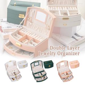Pochettes à bijoux portables Double couche, boîte de rangement empilable, Style tiroir en PU, présentoir de boucles d'oreilles et d'anneaux, organisateur