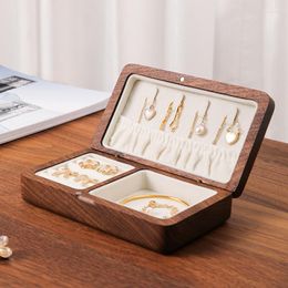 Pochettes à bijoux Boîte de rangement en flanelle portable Haut de gamme Luxueux Noyer noir Vintage Collier Boucles d'oreilles Voyage en bois pur