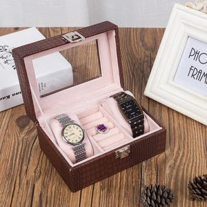 Pochettes à bijoux Portable Mini boîte pour montres anneaux vitrine avec fenêtre Vintage PU cuir motif femmes cadeau de mariage