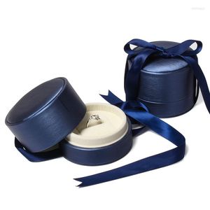 Sieraden zakjes pu lederen donkerblauwe boog ring opslag verpakking cadeau doos voor vrouwen sieraden hangende bruiloft jubileum showcase