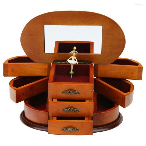 Bolsas de joyería Caja de madera real Bailarina Música Joyería Decoración retro Organizador Forma ovalada Compartimentos de almacenamiento de flanco