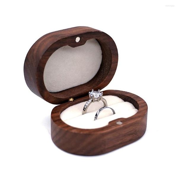 Bolsas de joyería Caja de mini anillos de madera real Regalo de boda para mujer Estuche de aretes de nogal negro Carta curva linda Proponer Día de San Valentín