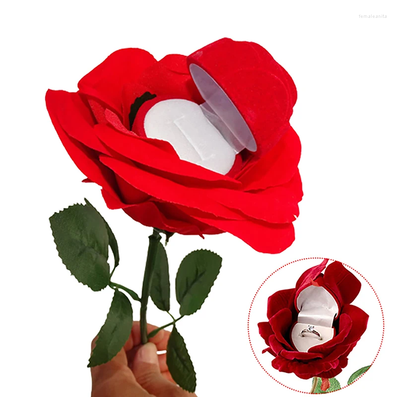 Bolsas de joyería Red Flocado Forma de rosa Caja de anillo Simulación creativa Flor Regalo Exhibición Romántica Sorpresa Propuesta Titular de boda