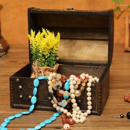 Sieraden zakjes retro elegante houten piraat opbergdoos met vergrendeling vintage schatkistcontainer snuisterij voor organisator