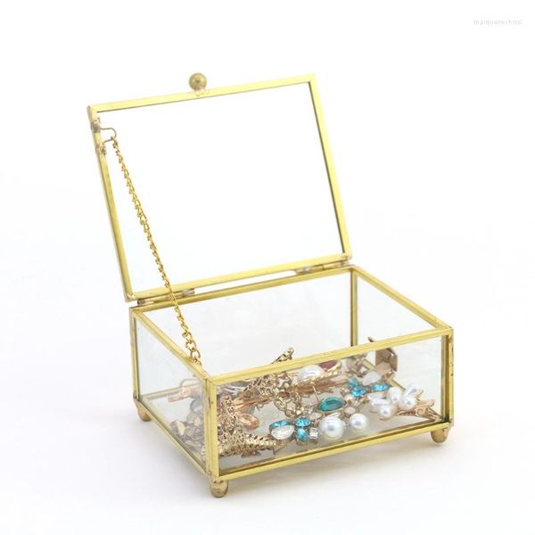 Pochettes à bijoux rétro Rectangle Transparent doré verre anneau boîte mariage géométrique organisateur maison décorative pour stockage bibelot