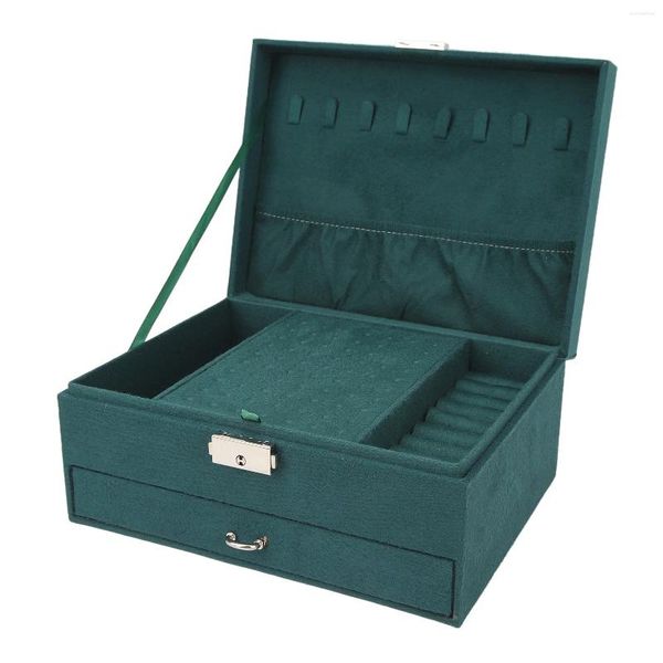 Bolsas de jóias Retro Caixa de Armazenamento Verde 2 Camada Display Case Titular Organizador com Bloqueio para Anéis Brincos Colar