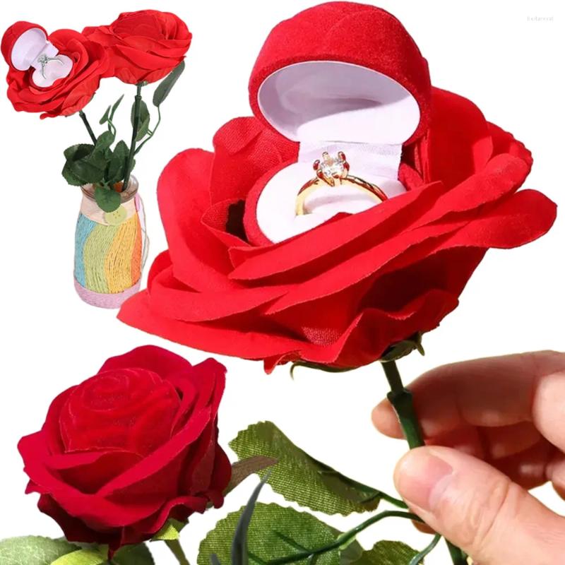 Bolsas de joyería Caja de soporte de anillo de boda romántica con tallo de flor roja Terciopelo Rosa Propuesta Compromiso Anillos más finos Estuche de exposición