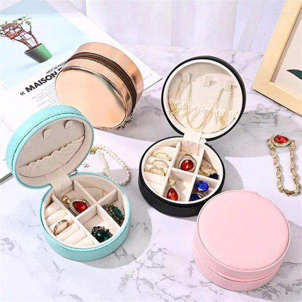 Pochettes à bijoux boîte de rangement ronde voyage Portable flanelle boucles d'oreilles collier bague étui circulaire carré en cuir PU organisateur cadeau