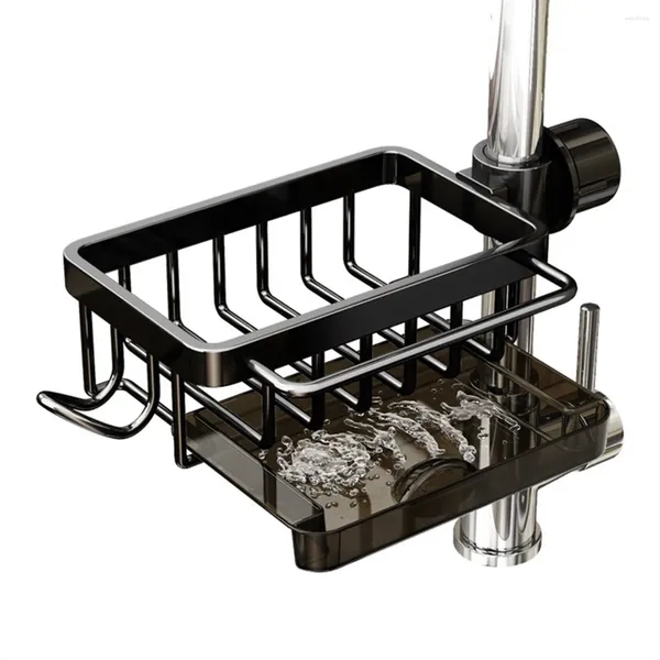 Bolsas de joyería Soporte de esponja sobre el grifo de la cocina Organizador de fregadero de la cocina Espacio de aluminio Ratrillado colgable de aluminio con gancho negro