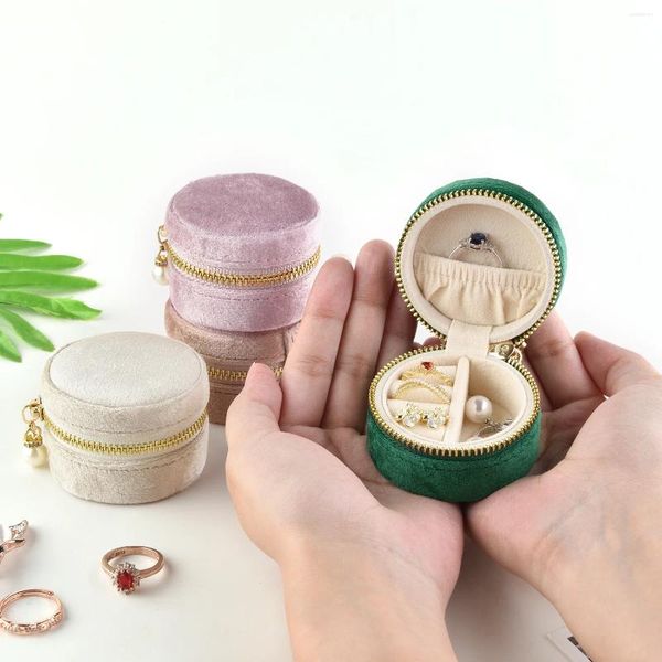 Pochettes à bijoux, Mini boîte de rangement ronde en velours pour anneaux, emballage Portable