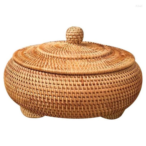 Panier de rangement pour pochettes à bijoux, panier de rangement en rotin tissé à la main avec couvercle rond de couleur primaire, boîte de service à thé pour collations chinoises