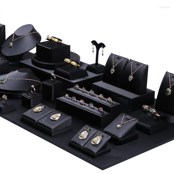 Pochettes à bijoux magasin luxe noir Pu anneau collier ensemble présentoir vitrine boutique bracelet organisateur avec Base en bois
