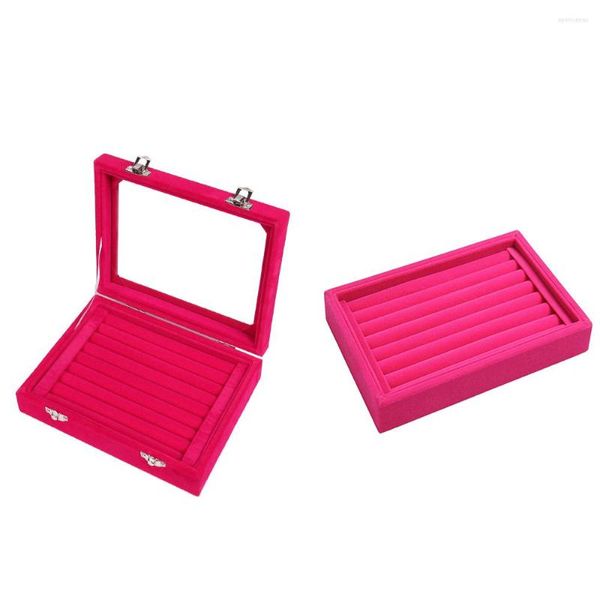 Bolsas de joyería SZanbana 7 Ranuras Caja de anillo de vidrio de terciopelo Caja de almacenamiento de exhibición Soporte de bandeja Organizador de aretes Soporte de exhibición - Rosa