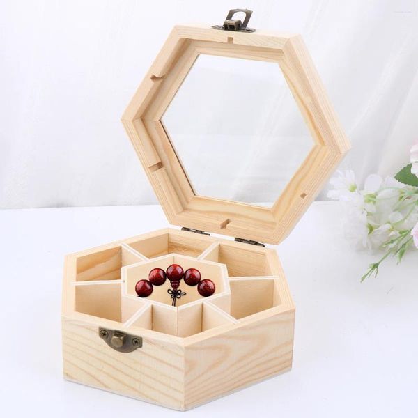 Bolsas de joyería Cajas de madera sin terminar Caja de almacenamiento hexagonal con cierre de bloqueo para manualidades DIY Proyectos de graffiti