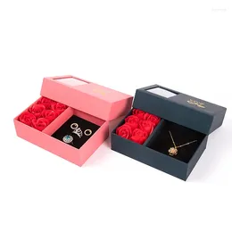 Bolsas de joyería Caja de regalo del día de San Valentín Seis rosas Imitación Anillo de flor eterna Conjunto de collar y pendiente