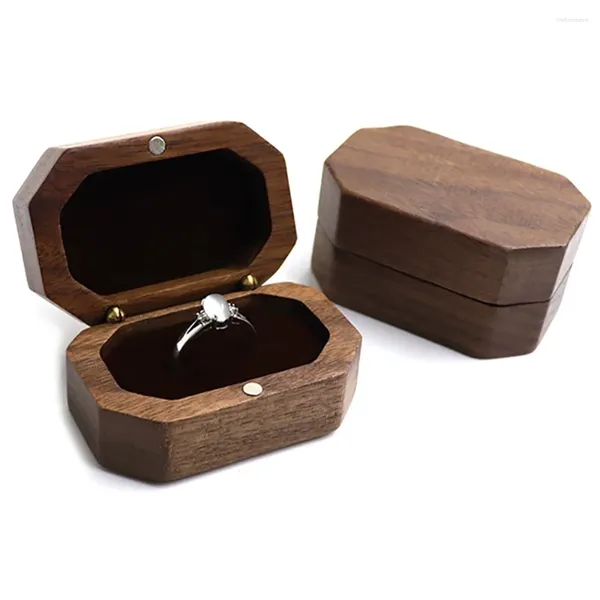 Bolsas de joyería Vintage Black Walnut Wood Anillos Caja Organizador Propuesto Comprometido Anillo de boda Pantalla Soporte de almacenamiento Regalos