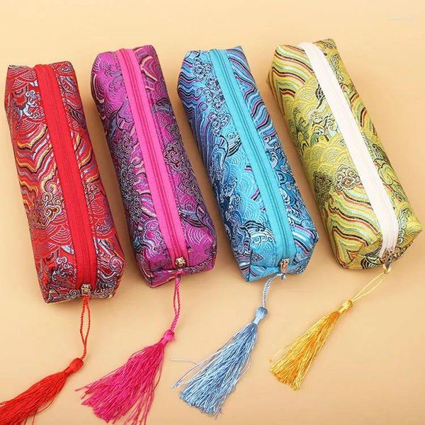 Pochettes à bijoux Vintage vague longue fermeture éclair sac de voyage gland soie brocart collier cadeau cosmétique maquillage étui à crayons poche de rangement