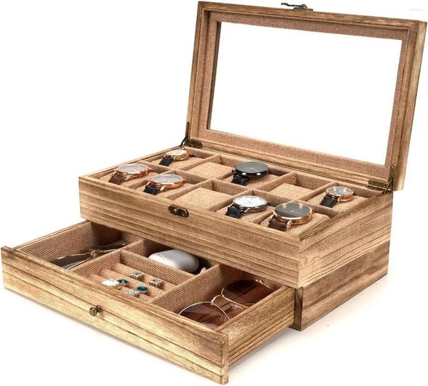 Estuches para joyas Caja para reloj - Estuche con 10 ranuras para hombres Mujeres Organizador Hecho de madera maciza Lino suave Marrón rústico