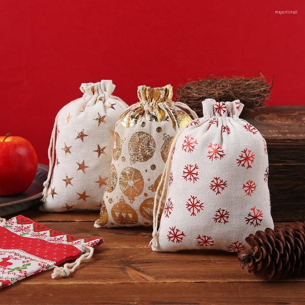 Bolsas de joyería, venta al por mayor, bolsa de regalo de tela de algodón, almacenamiento temático de X-MAS, 10x14cm, 13x18cm, bolsas de dulces con cordón para Feliz Navidad