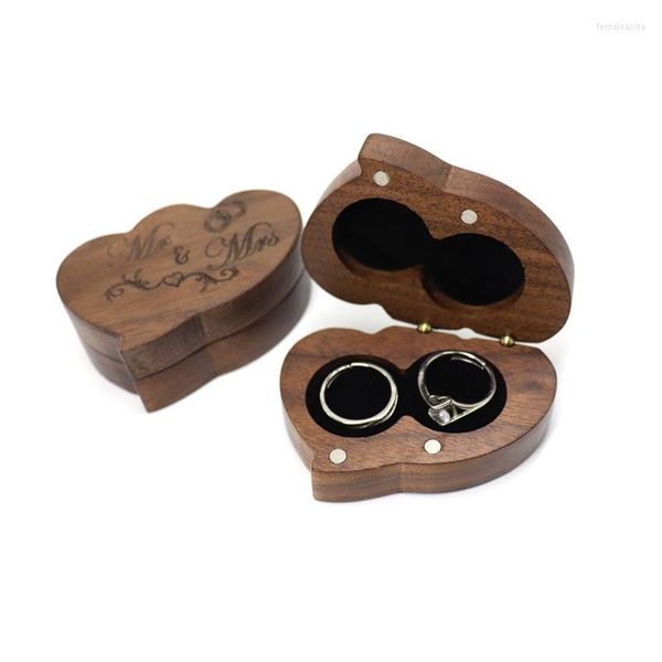 Bolsas de joyería Caja de anillo doble de madera Grabado Mr Mrs Titular de madera Portador de ceremonia para boda Vitrina