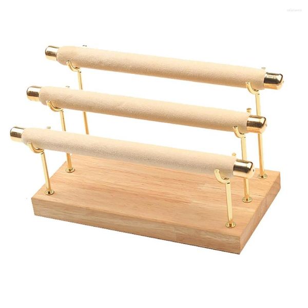 Pochettes à bijoux socle en bois anneau présentoir élégant porte-barre éponge 3 couches détachable pendentif organisateur de stockage support en métal