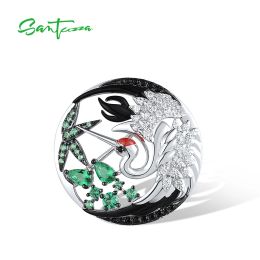 Bijoux Santuzza Pure 925 Broche en argent pour les femmes Blanc brillant CZ Green Black Spinel Lively Rouged Croe Crane Party Gifts Fine Bijoux